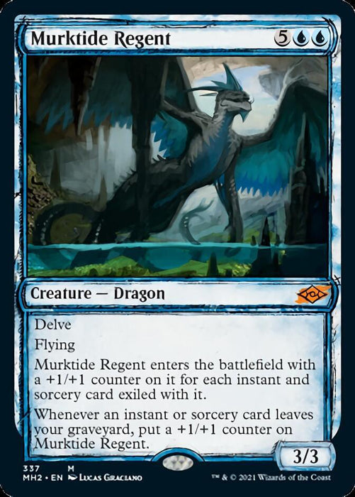 The image showcases a "Murktide Regent (Sketch)" [Modern Horizons 2] card from the Magic: The Gathering set. The card, with its blue border and cost of 5UU to cast, depicts a blue and black dragon with wings spread. It features Delve, Flying, and gains +1/+1 counters for exiled or graveyard sorcery/instant cards. Stats:

