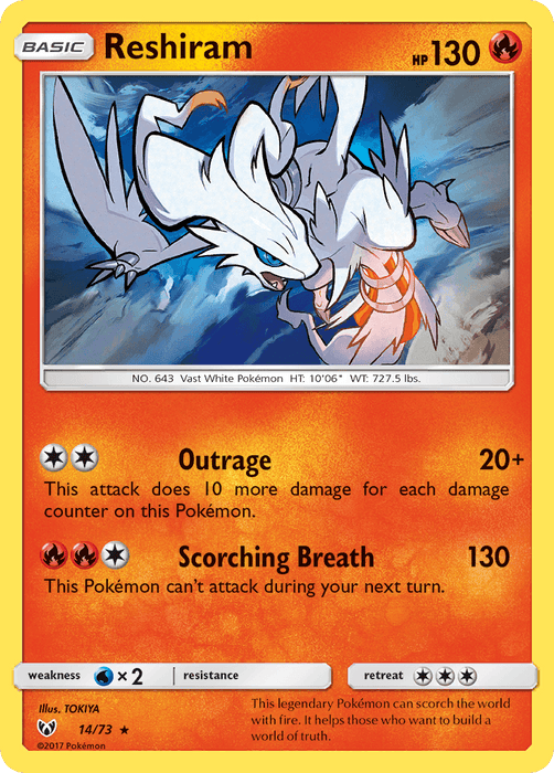 A Reshiram (14/73) [Sun & Moon: Shining Legends] trading card from Pokémon. The Holo Rare card from the Shining Legends series shows Reshiram, a white dragon-like Pokémon, surrounded by fire and wind. It has 130 HP, and its moves are Outrage and Scorching Breath. The card details include weaknesses, resistance, and retreat cost, with descriptive text at the bottom.