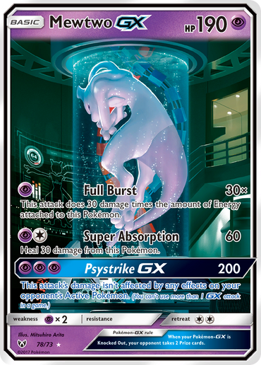 A Pokémon trading card, Mewtwo GX (78/73) [Sun & Moon: Shining Legends], showcases Mewtwo with 190 HP from the Shining Legends set. This Secret Rare card features an illustration of Mewtwo in a tank, surrounded by scientific equipment in the background. It includes the moves Full Burst, Super Absorption, and Psystrike GX, along with their specific attack details and energy requirements.