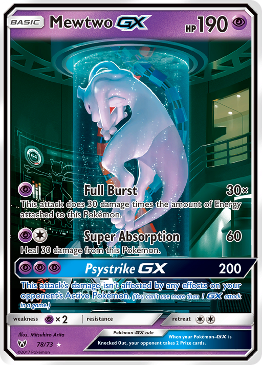 A Pokémon trading card, Mewtwo GX (78/73) [Sun & Moon: Shining Legends], showcases Mewtwo with 190 HP from the Shining Legends set. This Secret Rare card features an illustration of Mewtwo in a tank, surrounded by scientific equipment in the background. It includes the moves Full Burst, Super Absorption, and Psystrike GX, along with their specific attack details and energy requirements.