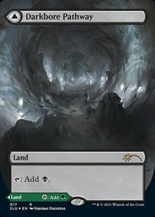A Magic: The Gathering card titled "Darkbore Pathway // Slitherbore Pathway (Borderless) [Secret Lair: Ultimate Edition 2]." The card art depicts a shadowy, cavernous tunnel with a rough, rocky surface. Dim lanterns line the walls, providing faint illumination. In the center distance, a solitary cloaked figure walks deeper into the tunnel. This rare land can be tapped to add one black.