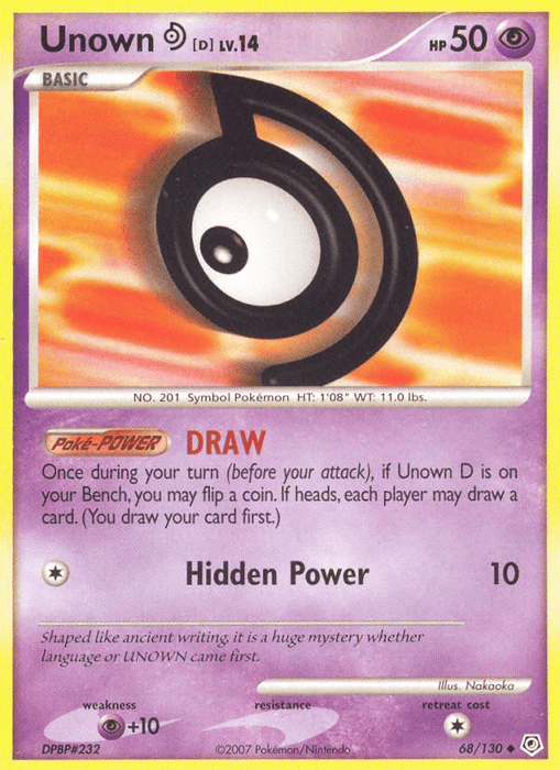 The image shows an uncommon Pokémon trading card of Unown D (68/130) [Diamond & Pearl: Base Set] from the Pokémon series. This basic, Psychic-type Pokémon with 50 HP features the move "Hidden Power," which deals 10 damage, and a Poké-Power called "Draw." The card has a yellow border and other details like its shape, weight, and artist.