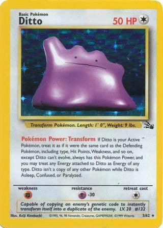 A Pokémon trading card from the Fossil Unlimited series featuring Ditto (3/62) [Fossil Unlimited] by Pokémon with 50 HP. This Colorless, pink, amorphous blob sports small eyes and a simple mouth. The Holo Rare card highlights Ditto's Transform power, weaknesses, resistance, and retreat cost alongside various stats and details.