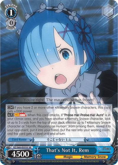 A That's Not It, Rem (RZ/S68-E055S SR) [Re:ZERO Memory Snow] trading card by Bushiroad featuring an animated character, Rem, in a surprised expression with her hand raised to her mouth. She has blue hair and is wearing a blue and white maid outfit. Titled "That's Not It, Rem," it contains various stats and abilities in the text below the image from Re:ZERO Memory Snow.