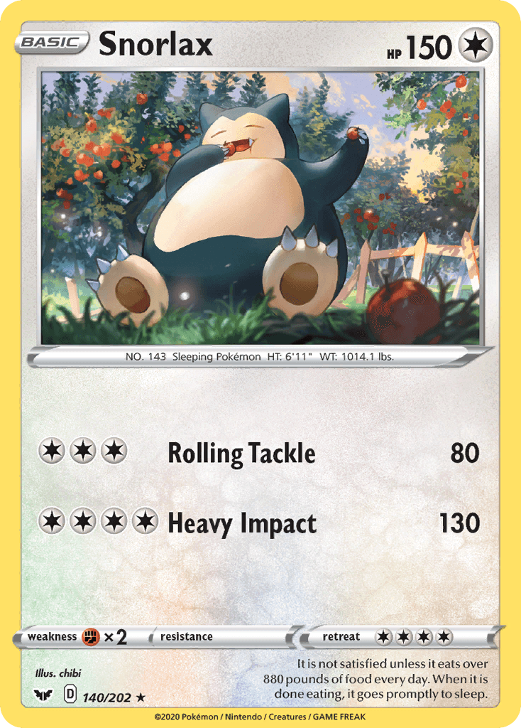 A rare Snorlax (140/202) [Sword & Shield: Base Set] from Pokémon with 150 HP. It features Snorlax lounging in a field of flowers. Its moves are 