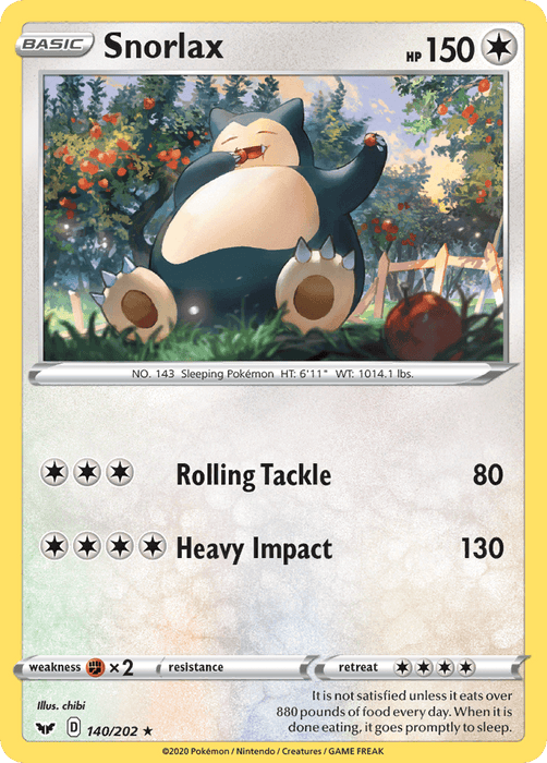 A rare Snorlax (140/202) [Sword & Shield: Base Set] from Pokémon with 150 HP. It features Snorlax lounging in a field of flowers. Its moves are "Rolling Tackle" with 80 damage and "Heavy Impact" with 130 damage. The card has star symbols for Weakness, resistance, and retreat options.