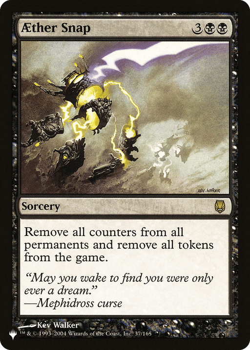 Magic: The Gathering card "Aether Snap [The List]." The illustration shows a chaotic scene with dark clouds, bright lightning, and shadowy, glowing figures dissolving. This rare sorcery reads: "Remove all counters from all permanents and exile all tokens." Flavor text: “‘May you wake to find you were only ever a dream.’ —Mephidross curse.” Art by Kev Walker.