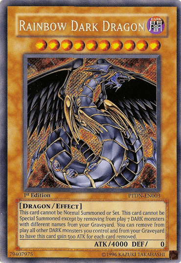 Introducing the Secret Rare Yu-Gi-Oh! card "Rainbow Dark Dragon" [PTDN-EN003], which features a DARK Effect Monster with an armored body, glowing purple eyes, and large outspread wings. The card includes detailed text about its summoning conditions and effects, and it boasts an impressive ATK of 4000 and DEF of 0.