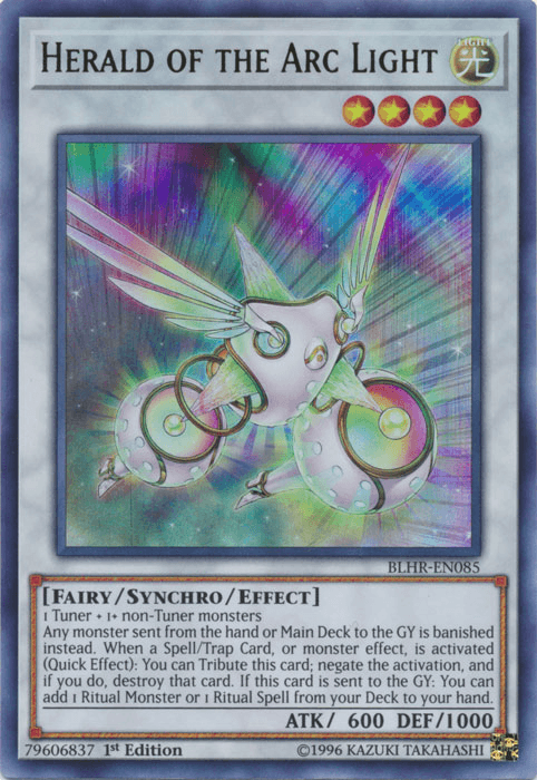 A Yu-Gi-Oh! trading card titled "Herald of the Arc Light [BLHR-EN085] Ultra Rare." It depicts a winged, mechanical creature with a white body and glowing yellow orbs. The Ultra Rare card shines in rainbow colors and is a Level 4 Fairy/Synchro/Effect monster with 600 ATK and 1000 DEF points that can negate activation.