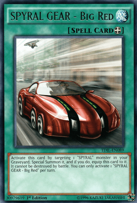 A green-bordered Yu-Gi-Oh! Equip Spell card titled "SPYRAL GEAR - Big Red [TDIL-EN089] Rare." The artwork depicts a futuristic red sports car with black and green details. The card text describes a special summon and protection ability for "SPYRAL" monsters. The card code is TDIL-EN089, and it's a 1st Edition from 1996.