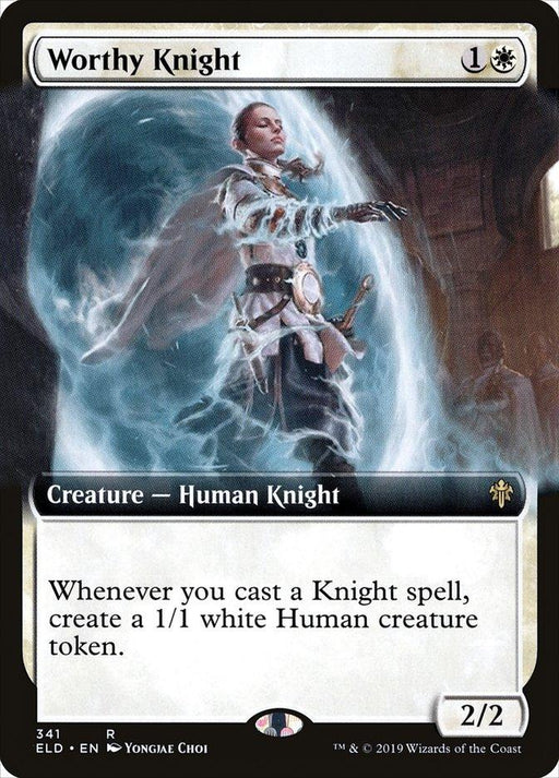 Magic: The Gathering product "Worthy Knight (Extended Art) [Throne of Eldraine]" with art by Yongjae Choi, depicts a rare knight in white armor, glowing aura, wielding a sword and casting a spell. Card text: "Whenever you cast a Knight spell, create a 1/1 white Human creature token." The card is 2/2 in power and