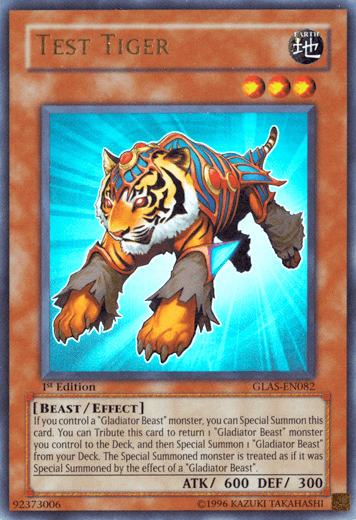 The Yu-Gi-Oh! card "Test Tiger [GLAS-EN082] Ultra Rare" features an illustration of a fierce, armored tiger with a mystical aura. The tiger is depicted wearing a jewel-encrusted helmet and adorned with metallic accents. As an Effect Monster, it boasts 600 attack points and 300 defense points and includes a special summoning effect for "Gladiator Beast" monsters.