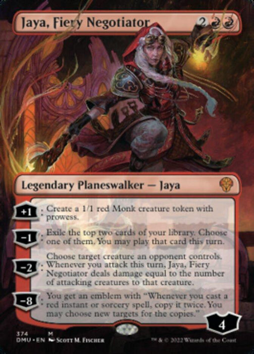 Image shows a "Magic: The Gathering" trading card from Dominaria United titled "Jaya, Fiery Negotiator (Borderless) [Dominaria United]." It features artwork of a fierce, armored woman casting fire. This Legendary Planeswalker costs 2 red and 2 colorless mana, has 4 loyalty counters, and includes abilities involving Monk creatures, exiling cards, and dealing damage.
