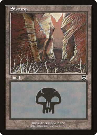 A Magic: The Gathering card titled "Swamp (342) [Mercadian Masques]" is shown. The illustration, reminiscent of the Mercadian Masques set, depicts a dark, eerie swamp with leafless trees and steep, rocky cliffs. Below the artwork is a gray rectangle with a black skull symbol. The textured gray border credits Terry Springer as the illustrator.