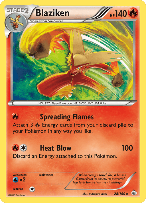 A Blaziken (28/160) [XY: Primal Clash] from the Pokémon series. Blaziken is depicted mid-kick surrounded by flames. The card features "Spreading Flames" and "Heat Blow" attacks, has 140 HP, and a fire symbol representing its type. It evolves from Combusken and is card number 28/160.