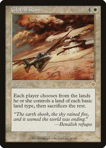 The Magic: The Gathering card "Global Ruin [Invasion]" is a rare white sorcery that costs 4 generic mana and 1 white mana. The artwork shows a barren landscape with fissured ground and a dark, war-torn sky. Its effect requires players to keep one of each type of basic land they control and sacrifice the remaining ones.