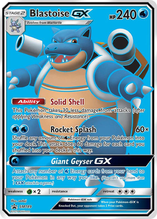 A Pokémon trading card featuring Blastoise GX (SM189) [Sun & Moon: Black Star Promos] from the Sun & Moon series. Blastoise GX has 240 HP and is a Stage 2 Water-type Pokémon evolving from Wartortle. The card details three moves: Solid Shell, Rocket Splash, and Giant Geyser GX. It has reflective silver borders with specific game mechanics described.