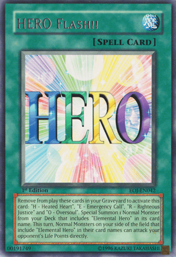Yu-Gi-Oh! trading card titled HERO Flash!! [EOJ-EN042] Rare. The card has a teal border, indicating it is a Rare Normal Spell Card. At its center, "HERO" is vividly displayed against a burst of multicolor light rays. There is a detailed description of the Elemental Hero activation and effect in the text box below.