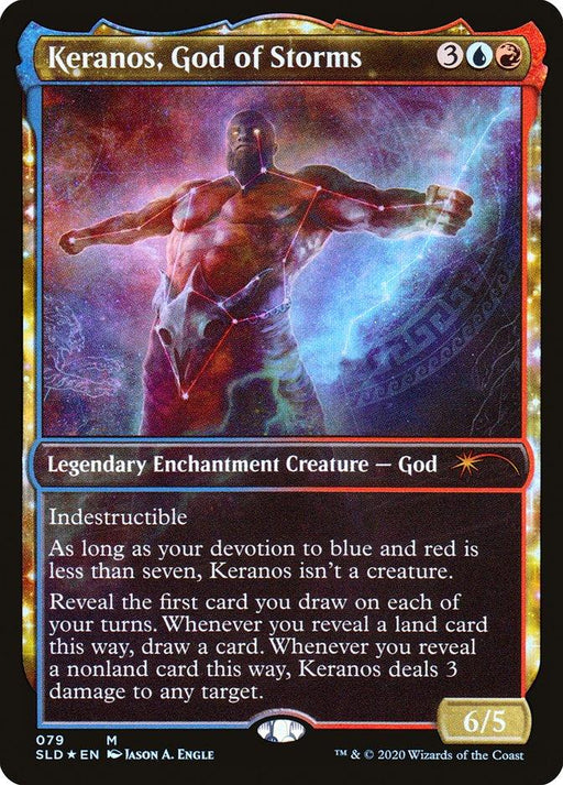 The image shows a Magic: The Gathering card named "Keranos, God of Storms [Secret Lair Drop Series]." This mythic, Legendary Enchantment Creature card has power/toughness 6/5 and is indestructible. It features abilities related to revealing drawn cards and dealing damage or drawing additional cards. The artwork depicts a formidable deity holding a lightning bolt with a starry sky in the background.