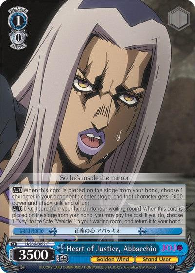 The Bushiroad Heart of Justice, Abbacchio (JJ/S66-E092 C) [JoJo's Bizarre Adventure: Golden Wind] features "Leone of Justice, Abbacchio" from JoJo's Bizarre Adventure: Golden Wind, with long gray hair, dark eyebrows, prominent eye makeup, and dark lipstick. The character appears angry and shouts "So he's inside the mirror...!". The card includes attributes like a cost of 1, power of 3500, and abilities in small text boxes.