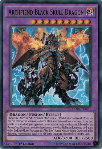 A Yu-Gi-Oh! trading card from Clash of Rebellions titled "Archfiend Black Skull Dragon [CORE-EN048] Ultra Rare." The Red-Eyes dragon features glowing red eyes, black armor, and fiery wings. This level 9 Dark attribute Fusion/Effect Monster boasts 3200 ATK and 2500 DEF with specific fusion and effect requirements.