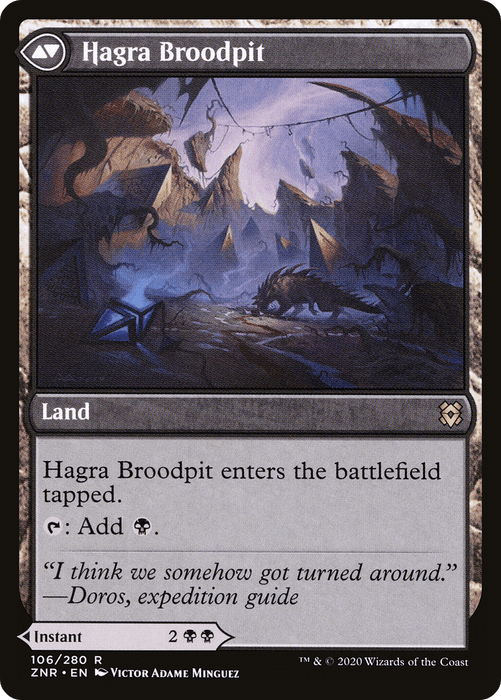 A rare Magic: The Gathering card titled "Hagra Mauling // Hagra Broodpit [Secret Lair: From Cute to Brute]." The card type is Land and features a dark, cavernous environment with glowing crystals and skeletal remains. The text reads: "Hagra Broodpit enters the battlefield tapped. Tap: Add black mana." FlavoUr text by Doros, expedition guide.