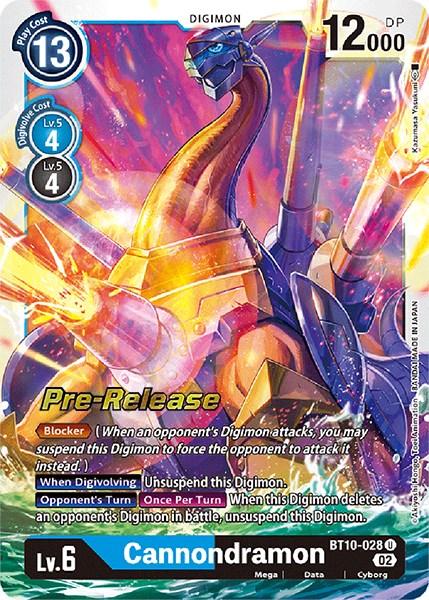 This exclusive Digimon card from the Xros Encounter Pre-Release features Cannondramon [BT10-028] [Xros Encounter Pre-Release Cards], a Level 6 Cyborg Digimon. Cannondramon, with its mechanical dragon-like appearance adorned with cannons and armor, stands out against a vivid, colorful background. It boasts 12000 DP, Play Cost 13, and Digivolves for 4 from Level 5.