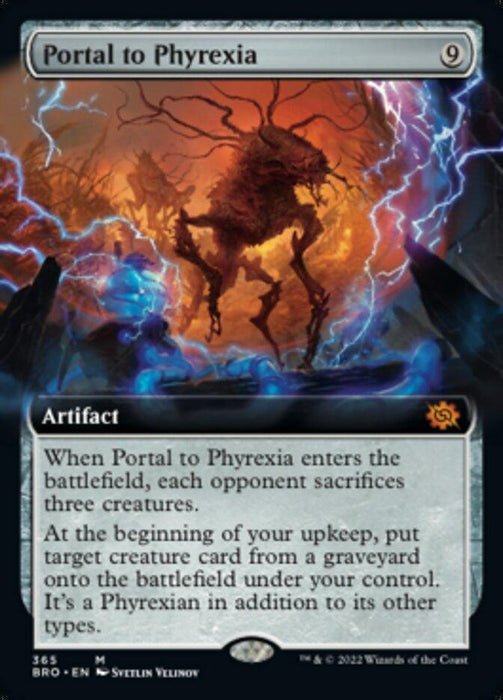The Mythic Magic: The Gathering card "Portal to Phyrexia (Extended Art) [The Brothers' War]" showcases a monstrous, four-legged creature with glowing red eyes emerging from a swirling, electric-blue portal. This artifact card costs nine mana and has detailed text about its gameplay effects. The card background is black with blue accents.