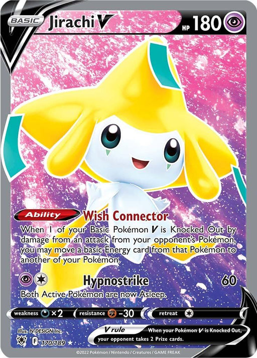 A Japanese-style Ultra Rare Pokémon card titled "Jirachi V (170/189) [Sword & Shield: Astral Radiance]" from the Pokémon set features Jirachi against a sparkly purple and pink background. The card displays stats: HP 180, Type Psychic, Ability "Wish Connector," and Attack "Hypnostrike" which does 60 damage and puts both active Pokémon to sleep.