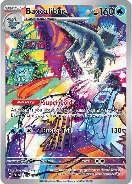 A Pokémon card from the Scarlet & Violet series featuring Baxcalibur (210/193) [Scarlet & Violet: Paldea Evolved] by Pokémon. This Illustration Rare depicts a dinosaur-like creature with icy blue scales and jagged icicles protruding from its back. With 160 HP, water type, and moves "Super Cold" and "Buster Tail," it's set against a cold, icy Paldea Evolved background.