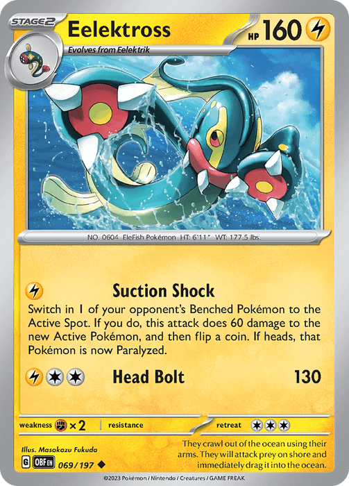 A Pokémon Eelektross (069/197) [Scarlet & Violet: Obsidian Flames] trading card. The card has a yellow border and displays an eel-like creature with red and yellow fins, emitting lightning. It evolves from Eelektrik and features stats: 160 HP, Suction Shock (60 damage), and Head Bolt (130 damage). The bottom notes its illustrator and collection number 069/197.