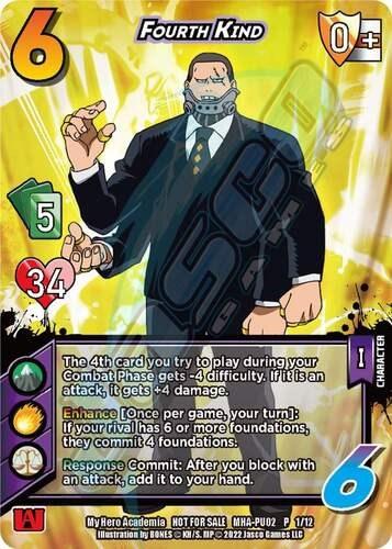 A muscular man with stitched face scars, grey hair, and beard is depicted on this character card. He's wearing a grey suit and a white shirt. The card displays various stats and abilities, including numbers "6", "5", "34", and effects such as enhance ability, response, and commit. The vibrant background bursts with colors. This is the Fourth Kind [Crimson Rampage Promos] from UniVersus.