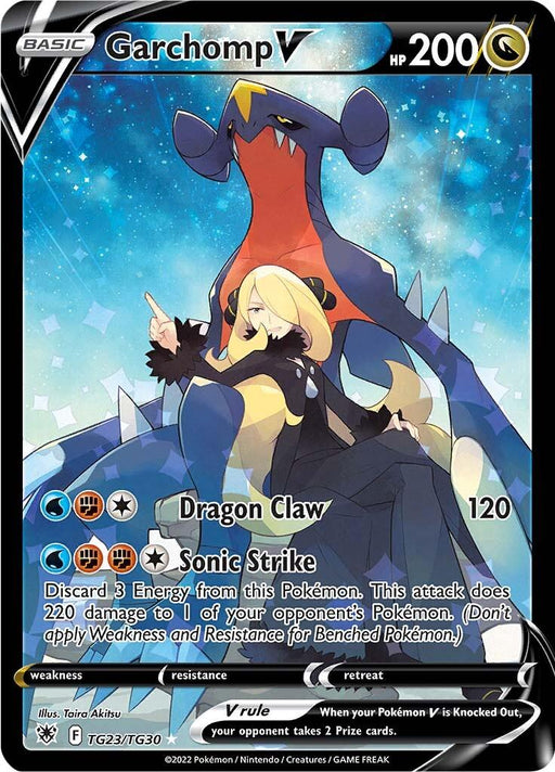 A Pokémon Garchomp V (TG23/TG30) [Sword & Shield: Astral Radiance] card featuring Garchomp V with 200 HP. Garchomp stands behind a trainer in a long black coat with blonde hair. The card details include Dragon Claw attack (120 damage) and Sonic Strike attack. Illustrated by Taira Akitsu, this Secret Rare from the Sword & Shield Astral Radiance set has a silver star rarity symbol.