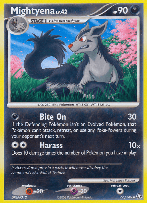 A Pokémon Mightyena (66/146) [Diamond & Pearl: Legends Awakened] card. This uncommon card features Mightyena, a dark gray, wolf-like creature with red eyes, sitting on a grassy field with pink flowers and a night sky in the background. The card details its stats, moves "Bite On" and "Harass," and evolution information from Poochyena.