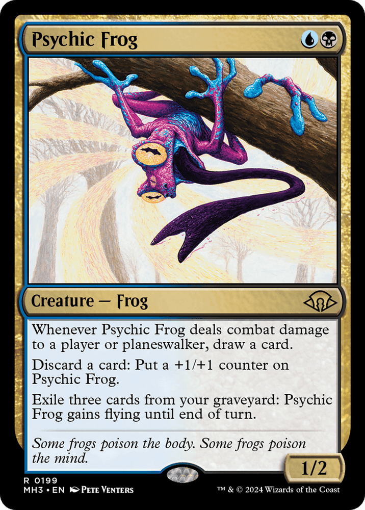 A Magic: The Gathering card titled "Psychic Frog [Modern Horizons 3]," from the Magic: The Gathering brand. This rare creature boasts a blue and black color theme with artwork featuring a vibrant frog with a glowing brain and purple limbs, hanging from a branch. With 1/2 stats and multiple abilities, it is framed by gold borders and text boxes.