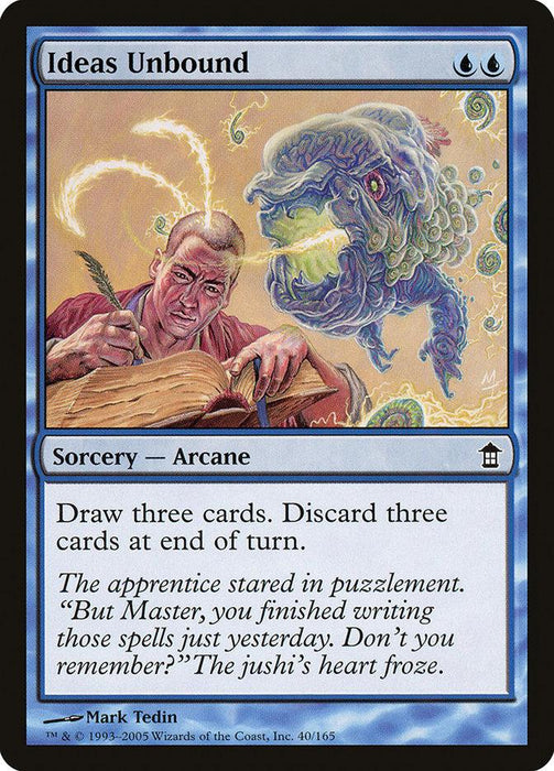 A Magic: The Gathering product named Ideas Unbound [Saviors of Kamigawa]. This blue Sorcery — Arcane spell features a bearded man in a red robe, intensely writing in a large book, while a ghostly, multi-eyed creature hovers beside him. The card's text reads: "Draw three cards. Discard three cards at end of turn.