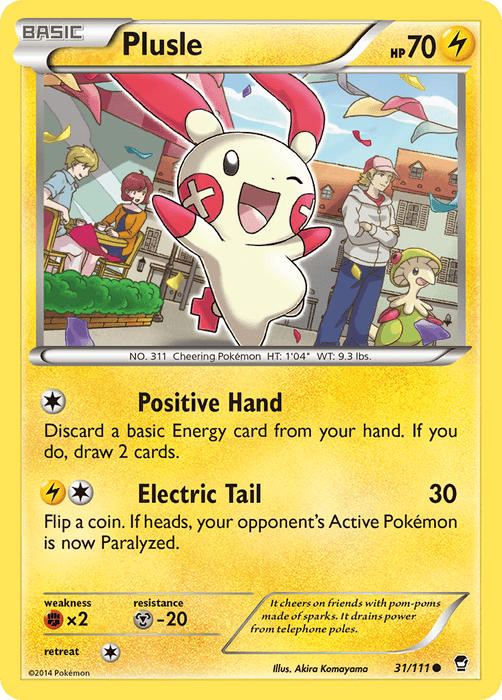 A common Pokémon trading card featuring Plusle (31/111) [XY: Furious Fists] from the 2014 Pokémon series, specifically the XY: Furious Fists set. The card is yellow with Plusle, an electric-type Pokémon, cheering with pom-poms in front of a market scene. Illustrated by Akira Komayama, it includes Plusle's description and abilities: Positive Hand and Electric Tail.