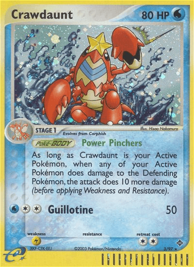 A Pokémon trading card featuring Crawdaunt (3/97) [EX: Dragon] from Pokémon. The Holo Rare card has 80 HP and is a Stage 1 Water type that evolves from Corphish. It boasts the 'Power Pinchers' Poké-Body ability and a 'Guillotine' attack with 50 damage. The bottom section displays retreat cost and weakness information.