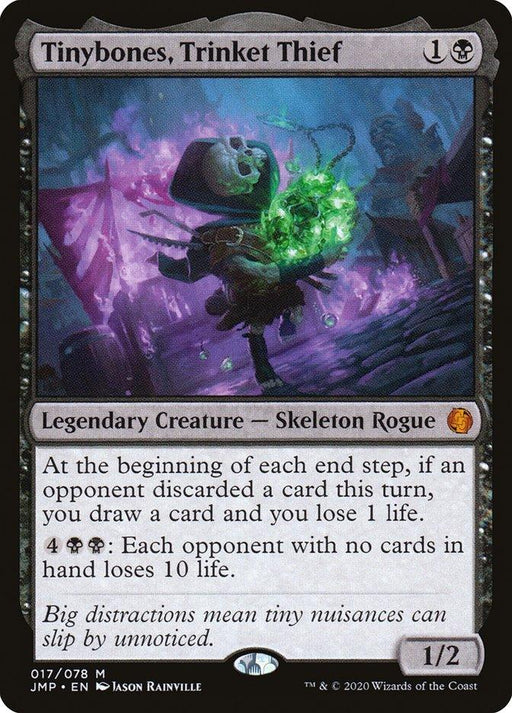 A Magic: The Gathering card, "Tinybones, Trinket Thief [Jumpstart]," is a Legendary Creature—a Skeleton Rogue costing 1 colorless and 1 black mana. It showcases detailed abilities and an illustration of a skeleton holding a glowing green object. The card's power and toughness are 1/2.