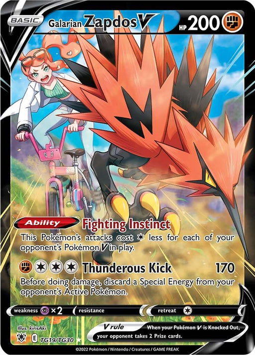 A Pokémon Galarian Zapdos V (TG19/TG30) [Sword & Shield: Astral Radiance] with HP 200. This Secret Rare card from Pokémon showcases a vivid illustration of Galarian Zapdos, a striking bird with orange, black, and red feathers in a dynamic pose. It includes abilities like "Fighting Instinct" and the move "Thunderous Kick," dealing 170 damage.