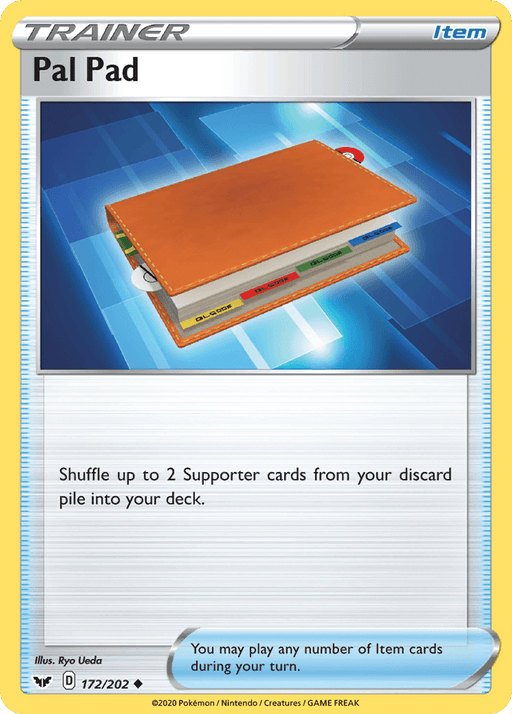 A Pal Pad (172/202) [Sword & Shield: Base Set], from Pokémon, is displayed. The card features an illustration of a brown notebook with colorful tabs and labels on a geometric blue background. The card text at the bottom states that you can shuffle up to two Supporter cards from your discard pile into your deck.