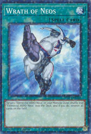 The "Wrath of Neos (Duel Terminal) [HAC1-EN167] Common" Normal Spell Card from the Yu-Gi-Oh! trading card game features a powerful, armored character called "Elemental HERO Neos" posed dynamically with a fist raised. The card text reads: "Target 1 'Elemental HERO Neos' in your Monster Zone; shuffle that 'Elemental HERO Neos' into the Deck, and if you