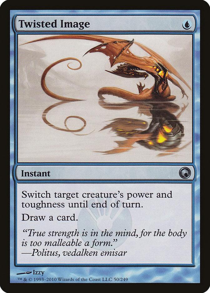 The Twisted Image [Scars of Mirrodin] Magic: The Gathering card, an uncommon from Scars of Mirrodin, features a dragon-like creature stretched into a serpentine shape, creating an abstract and twisted reflection. This instant spell reads, 