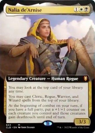 Image of a "Magic: The Gathering" card showcasing "Nalia de'Arnise," a Legendary Creature - Human Rogue from the Commander Legends: Battle for Baldur's Gate series. Clad in armor and wielding a sword, she offers abilities to peek at the top card of your library and boost creatures with a full party. Power/toughness: 3/3.