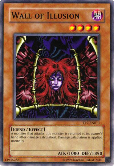 The "Wall of Illusion [TP7-EN014] Common" trading card from the Yu-Gi-Oh! brand features a red-haired, masked figure with purple, glowing energy. As a Common Effect Monster with "Fiend/Effect" and "Dark" attributes, it has an ATK of 1000 and a DEF of 1850. This card returns an attacking monster to its owner's hand after damage calculation.