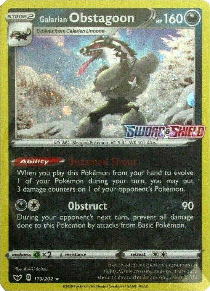 The image showcases a Pokémon trading card from the Sword & Shield: Base Set series, featuring the Ultra Rare Galarian Obstagoon (119/202) with a Cosmos Holo design. This wolf-like Pokémon, adorned in a black and white color scheme, is depicted standing in a snowy, dark forest. The card highlights its impressive 1600 HP alongside the abilities 