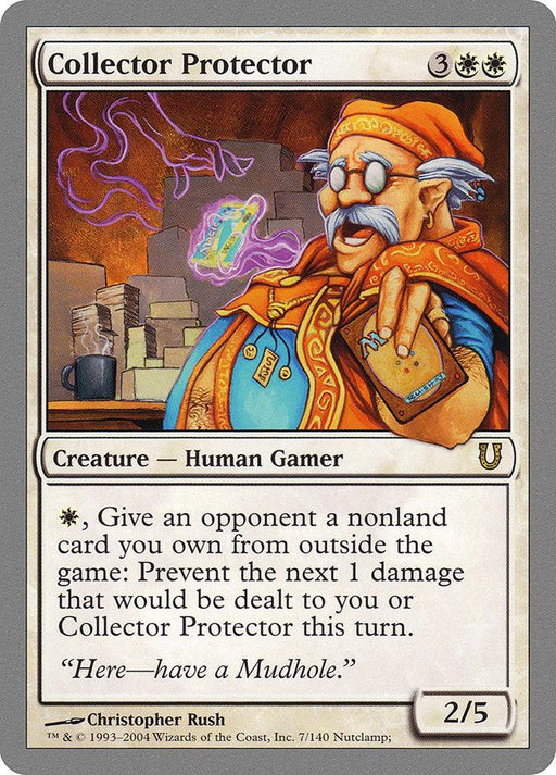 A rare collectible trading card titled "Collector Protector [Unhinged]" from Magic: The Gathering depicts an older man with glasses and a colorful, ornate outfit. He is holding a purple card with a glowing aura. The card's text describes its abilities and stats, and there is an illustration of the game's logo at the bottom left.