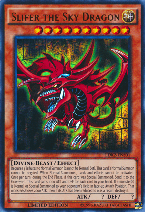 A Yu-Gi-Oh! card from the Legendary Decks II featuring "Slifer the Sky Dragon." The **Yu-Gi-Oh!** **Slifer the Sky Dragon [LDK2-ENS01] Ultra Rare** card showcases a detailed illustration of a red dragon with multiple mouths, blue eyes, and a spiked, segmented body. It has 3 pronged claws and wings, with its text box containing its title, attributes, effects, and "Divine-Beast / Effect.
