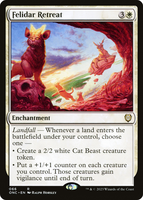 The picture depicts a Magic: The Gathering card named "Felidar Retreat" from the Phyrexia: All Will Be One Commander collection. This enchantment, featuring landfall abilities, presents an imaginative landscape adorned with otherworldly cat-like beings. It generates Cat Beast tokens and boosts your creatures with +1/+1 counters and vigilance.