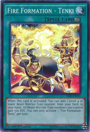 A Yu-Gi-Oh! card titled "Fire Formation - Tenki [THSF-EN057] Super Rare." The Continuous Spell card illustration shows two warriors, one with a spear and one with a sword, amidst flames. The card's turquoise border contains text at the bottom detailing its effect of boosting Beast-Warrior-Type monsters' attack by 100.